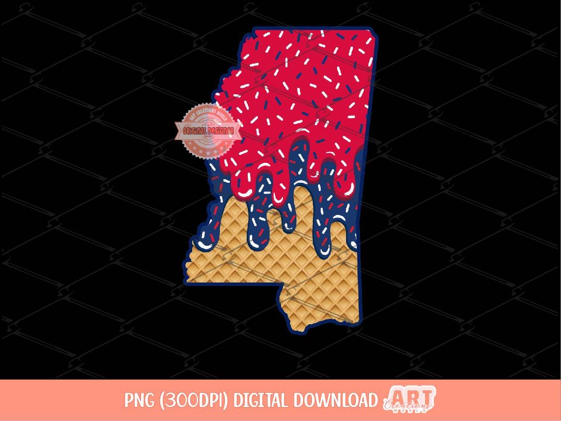 Drippy Mississippi PNG, Patriotic Red, Navy, & Waffle Cone MS State Sublimation shirt Design