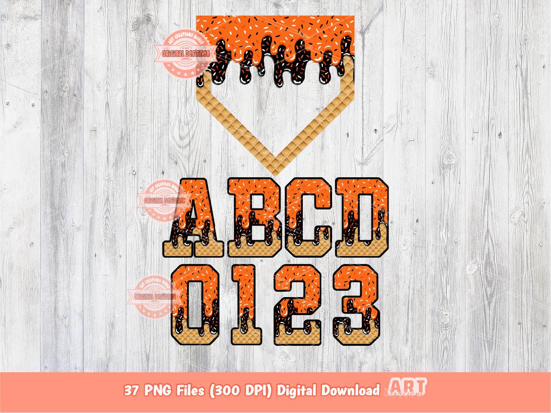 Drippy Varsity Alphabet PNG Bundle, Drip Orange & Black Letters, Numbers, Baseball Home Plate Clipart