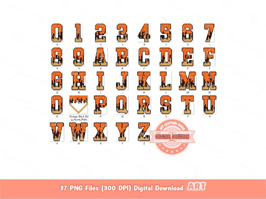 Orange Black Drip Varsity Alphabet & Home Plate PNG Bundle, Drippy Sprinkle Ice Cream Waffle cone Baseball letters numbers 0-9 Alpha Clipart
