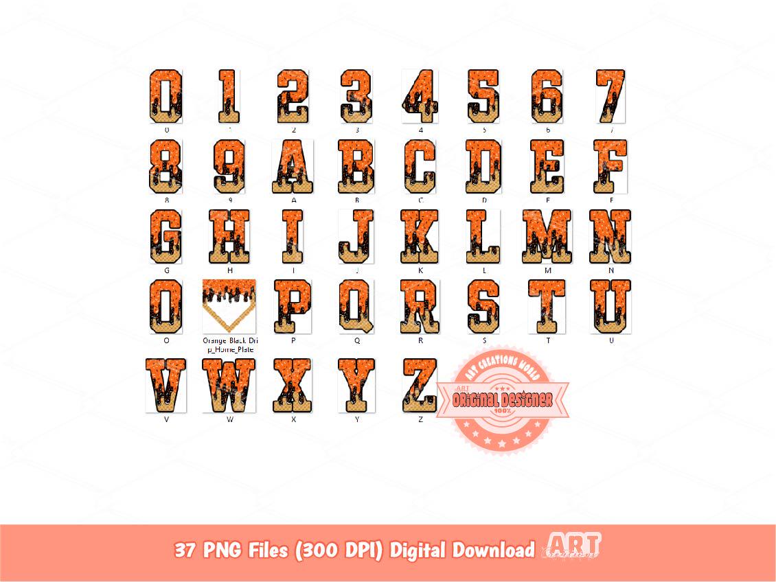 Drippy Varsity Alphabet PNG Bundle, Drip Orange & Black Letters, Numbers, Baseball Home Plate Clipart