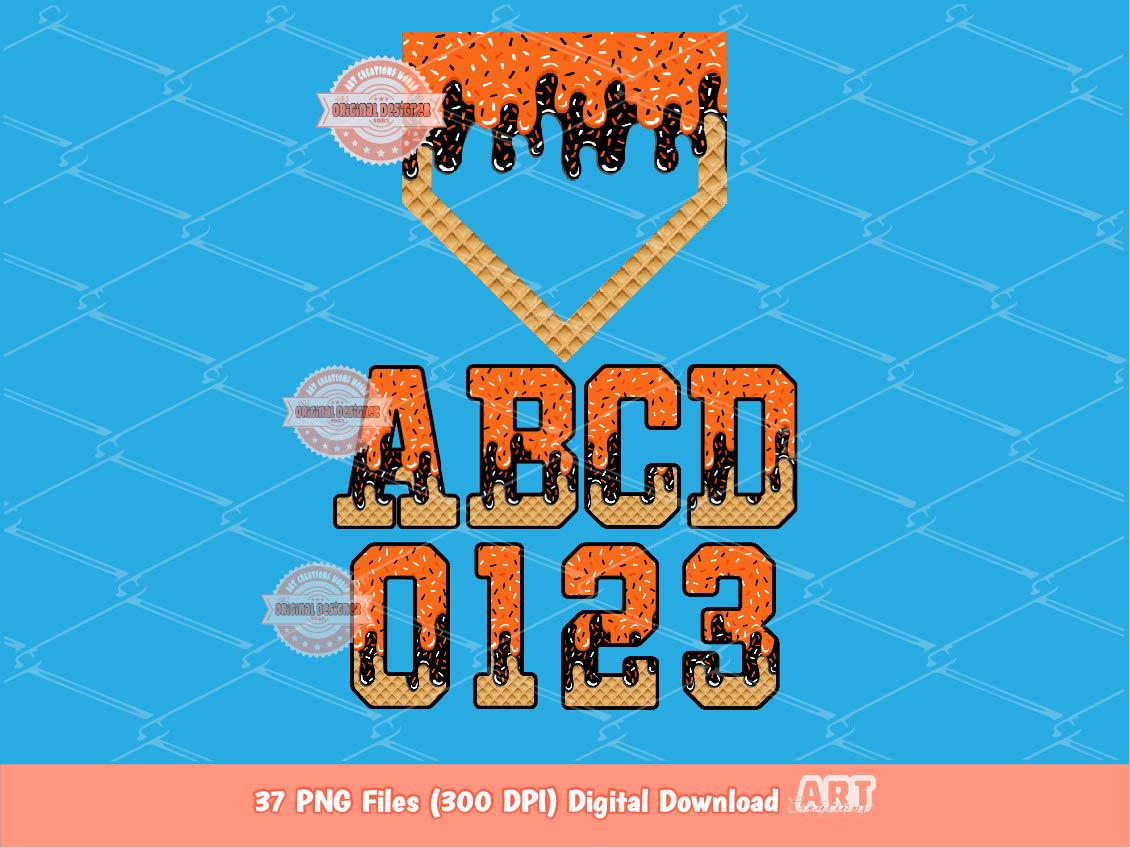 Drippy Varsity Alphabet PNG Bundle, Drip Orange & Black Letters, Numbers, Baseball Home Plate Clipart