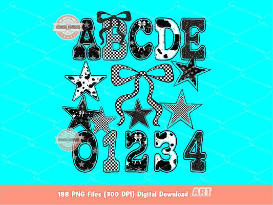 Western Checkered Stars Alphabet PNG Bundle 5 Styles School Spirit Letters & Numbers Trendy Alpha Black White Cow Print Leopard Bow Clipart