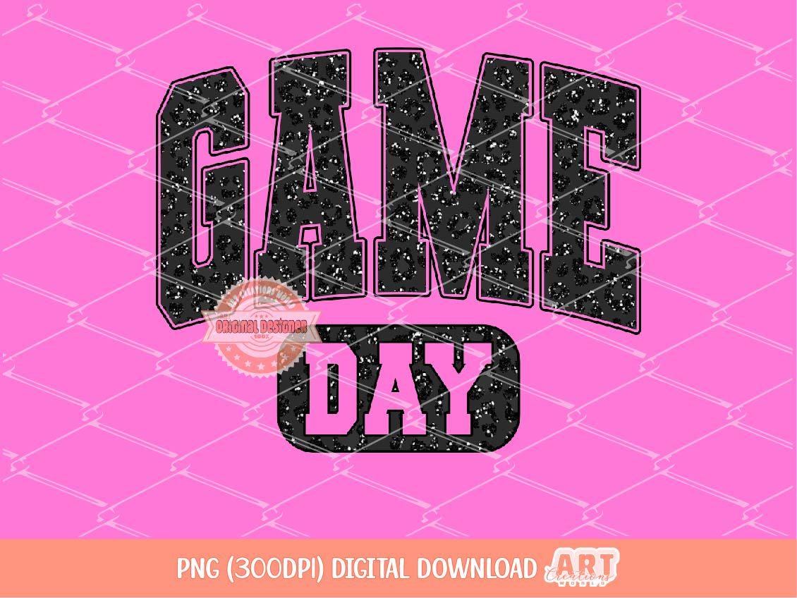 Game Day PNG, Black Leopard Print Varsity, Glitter Cheetah Team Spirit Sublimation Shirt Design