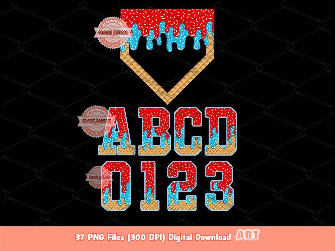 Red Light Blue Drip Alphabet Home Plate PNG Bundle, Drippy Sprinkle Ice Cream Sports letters & numbers 0-9 Clipart Waffle Cone Alpha Set Png