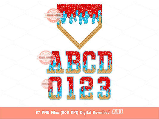 Red Light Blue Drip Alphabet Home Plate PNG Bundle, Drippy Sprinkle Ice Cream Sports letters & numbers 0-9 Clipart Waffle Cone Alpha Set Png