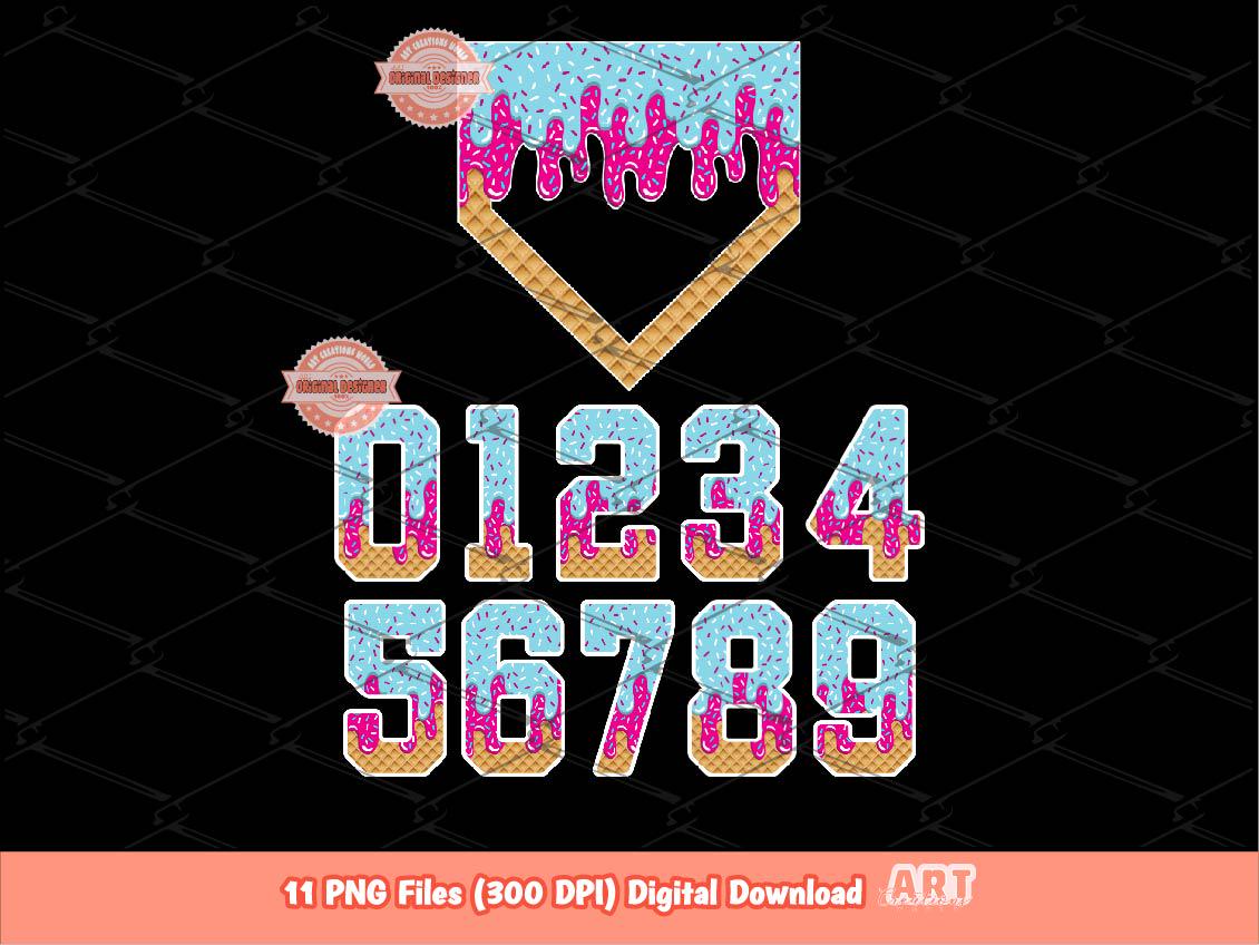 Pink Blue Drip Numbers Home Plate PNG Bundle, Drippy Sprinkles Trendy Ice Cream Sports numbers 0-9 Clipart Baseball Waffle Digital Download