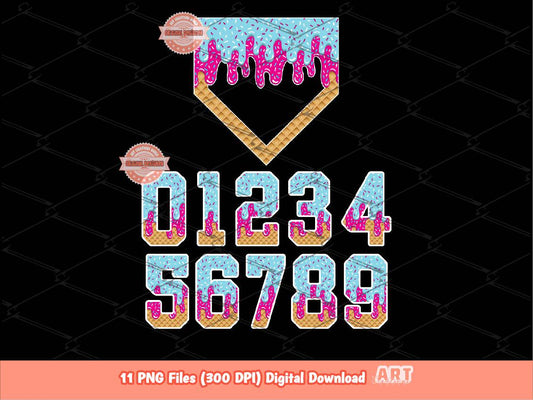 Pink Blue Drip Numbers Home Plate PNG Bundle, Drippy Sprinkles Trendy Ice Cream Sports numbers 0-9 Clipart Baseball Waffle Digital Download
