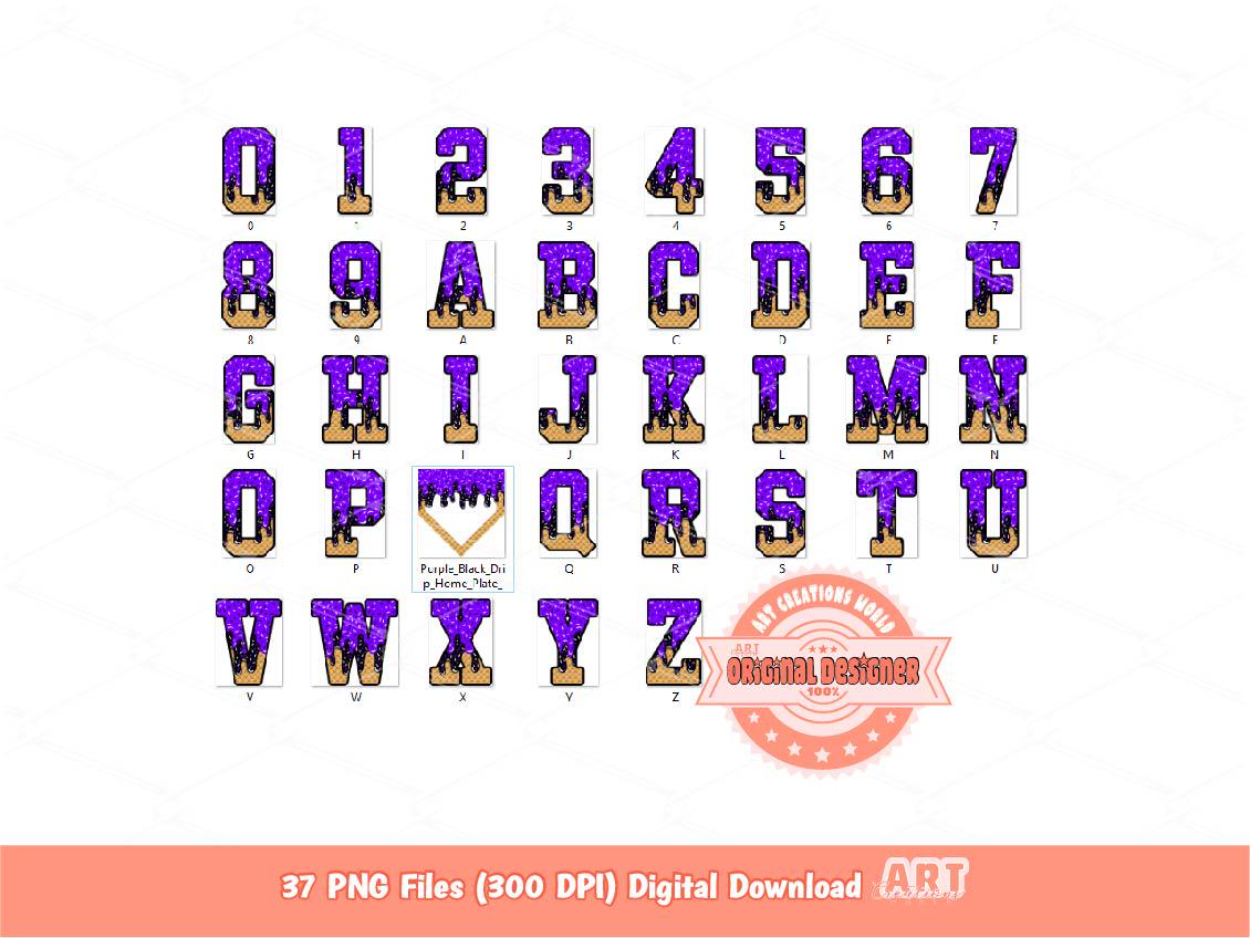 Purple Black Drip Varsity Alphabet & Home Plate PNG Bundle, Drippy Sprinkle Ice Cream Waffle cone Baseball letters numbers 0-9 Alpha Clipart