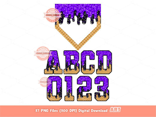 Purple Black Drip Varsity Alphabet & Home Plate PNG Bundle, Drippy Sprinkle Ice Cream Waffle cone Baseball letters numbers 0-9 Alpha Clipart