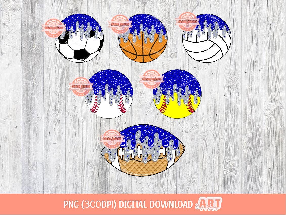 Royal Blue Drip Sports Balls PNG Bundle, Drippy Game day Clipart