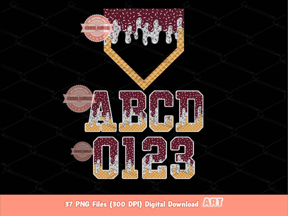 Maroon Grey Drip Alphabet Home Plate PNG Bundle, Trendy Drippy Sprinkle Ice Cream Sports letters & numbers 0-9 Clipart Waffle Cone Alpha Set