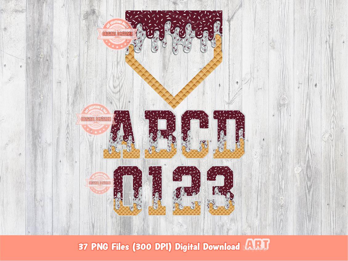 Maroon Grey Drip Alphabet Home Plate PNG Bundle, Trendy Drippy Sprinkle Ice Cream Sports letters & numbers 0-9 Clipart Waffle Cone Alpha Set
