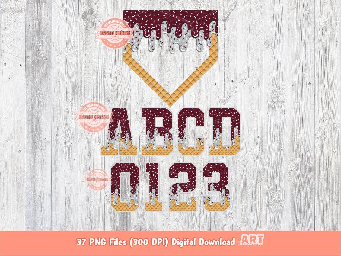 Drip Baseball Alphabet PNG Bundle, Drippy Maroon Silver Grey Letters Numbers Home Plate Clipart