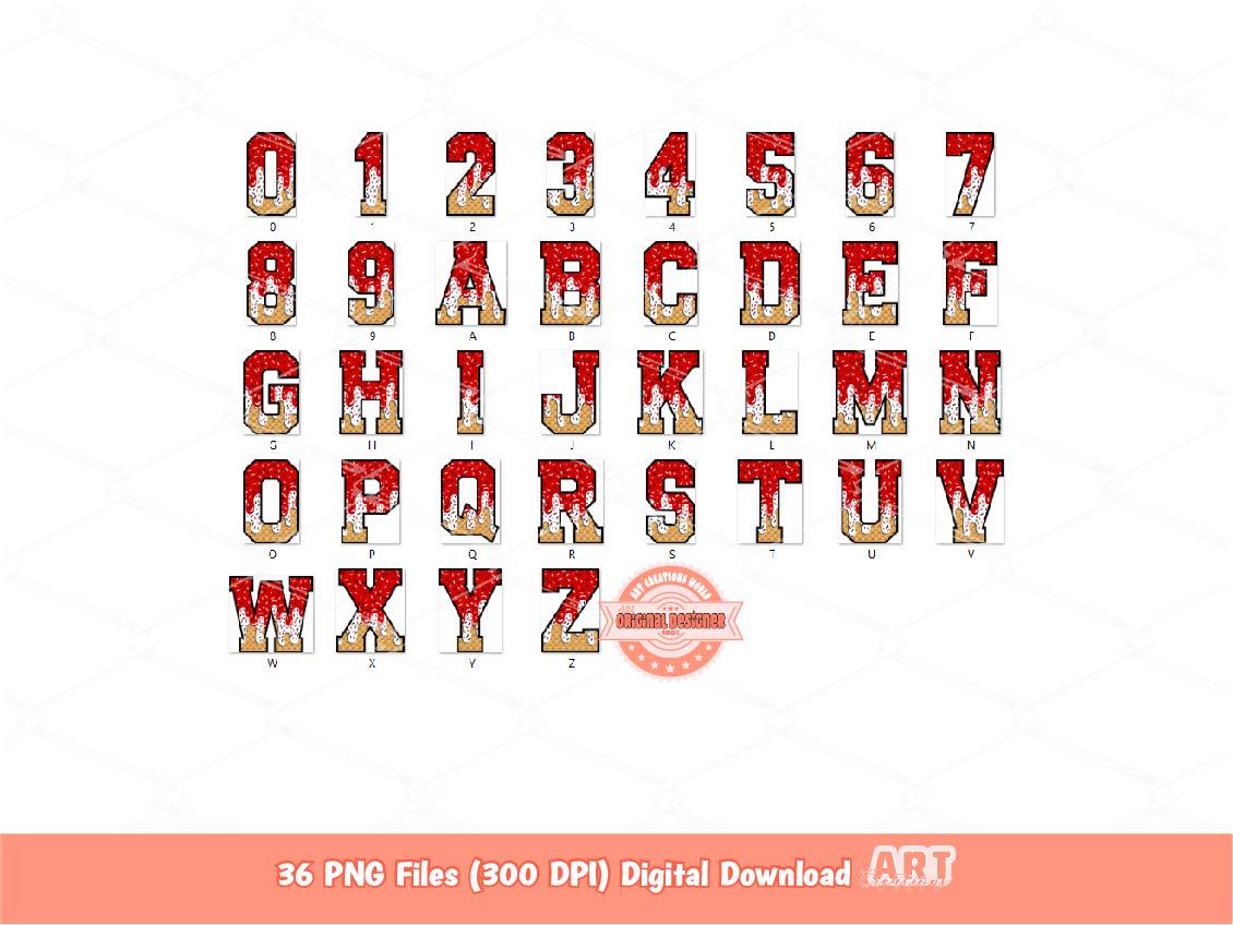 Drippy Red and White Alphabet PNG: Ice Cream Varsity Letters & Numbers Clipart (Digital Download)
