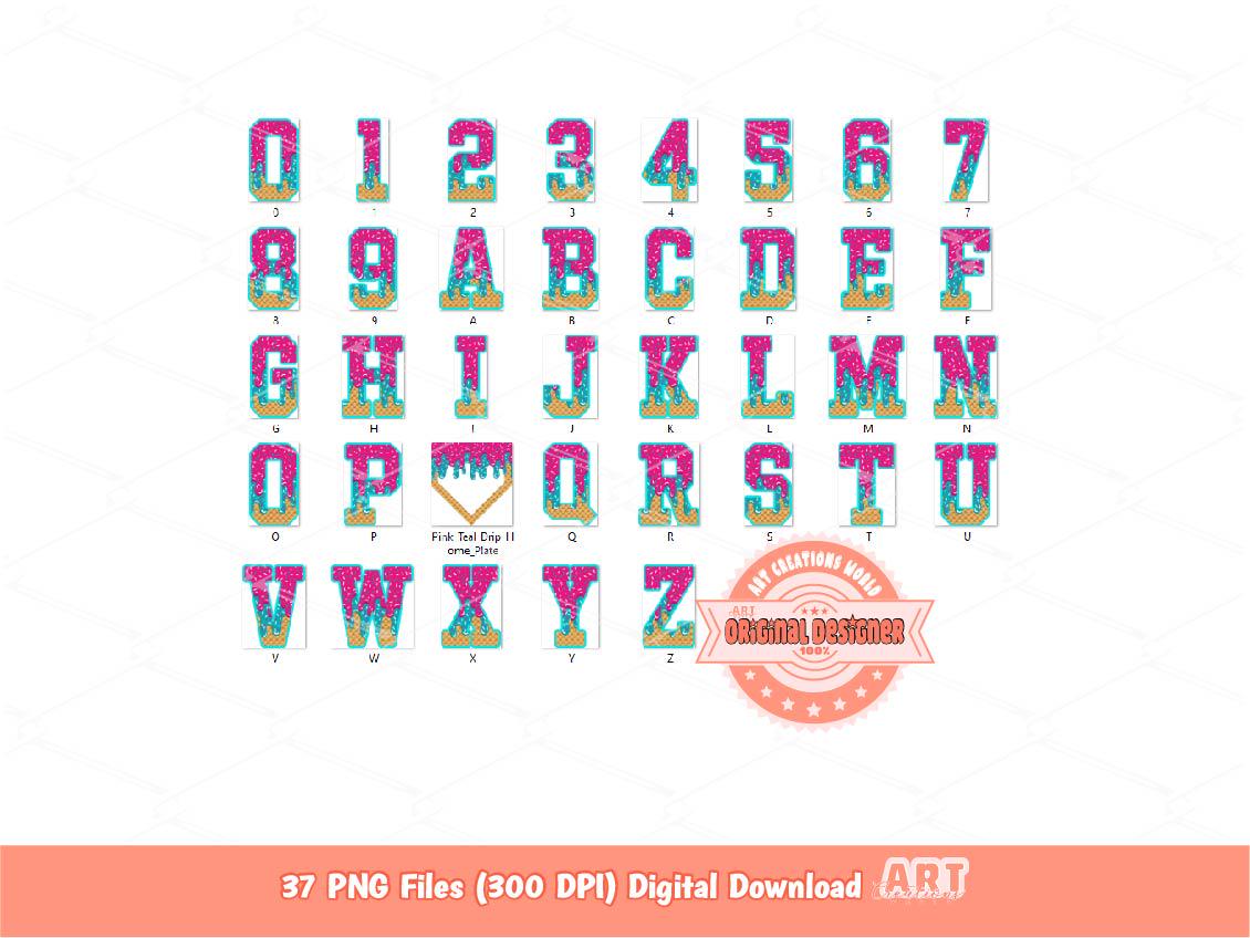 Pink Teal Drip Alphabet PNG Bundle: Ice Cream Sports Letters & Numbers Clipart (Digital Download)