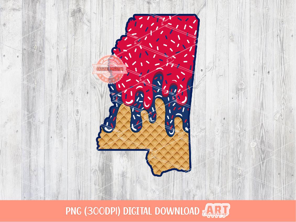 Drippy Mississippi PNG, Patriotic Red, Navy, & Waffle Cone MS State Sublimation shirt Design