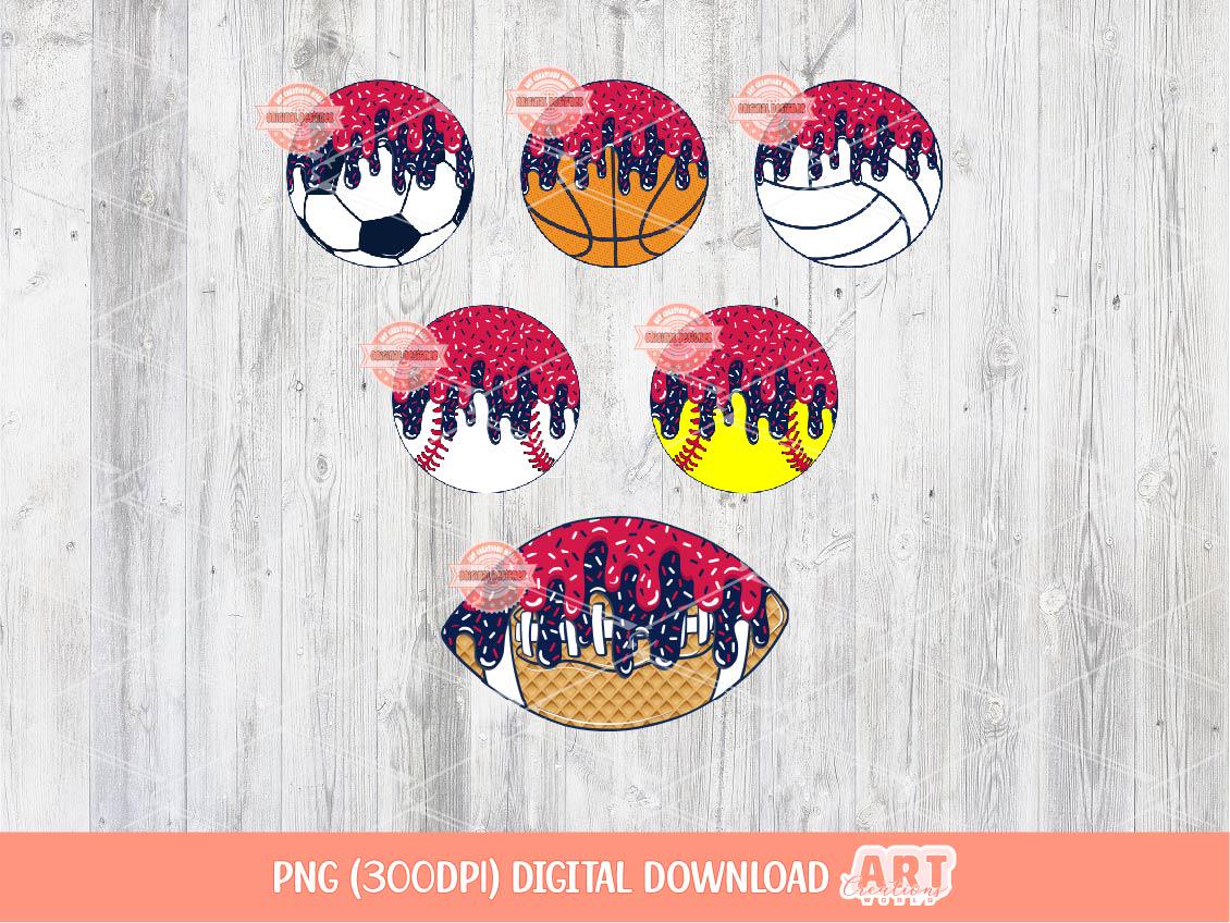 Drip Sports Balls PNG Bundle: Baseball, Softball, Soccer, Basketball, Volleyball and Football Clipart (Digital Download)