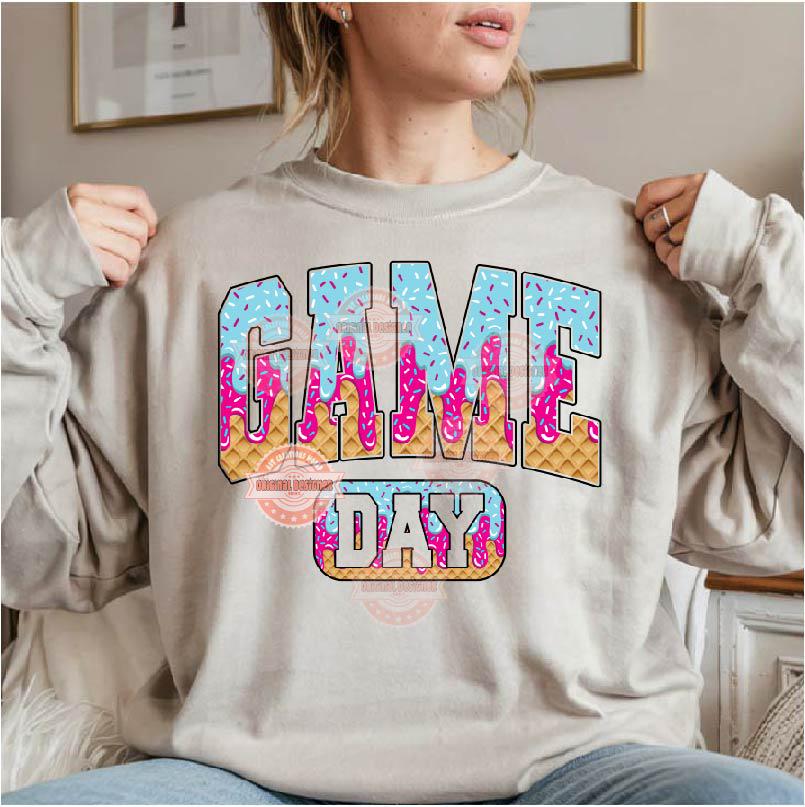 Ice Cream Game Day PNG, Trendy Pink Blue Drip Waffle Cone Varsity Sublimation Design