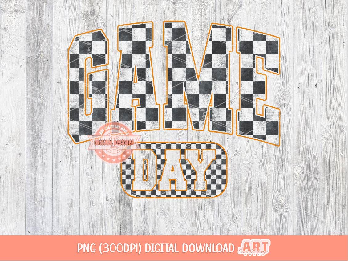 Checkered Game Day PNG, Distressed Orange and Black Checker Sublimation, Sports Shirt Design Download