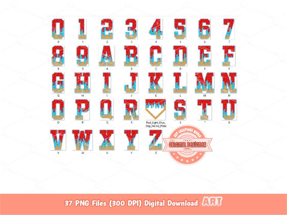 Red Light Blue Drip Alphabet Home Plate PNG Bundle, Drippy Sprinkle Ice Cream Sports letters & numbers 0-9 Clipart Waffle Cone Alpha Set Png
