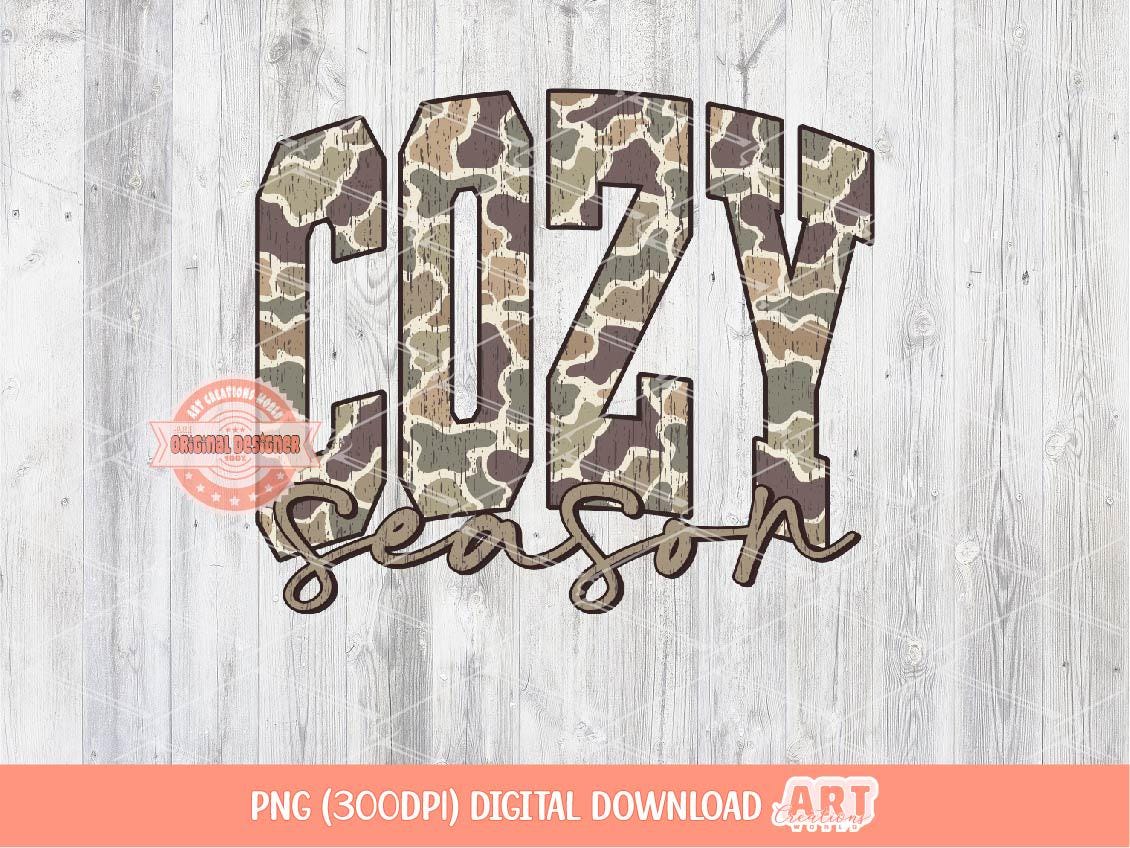 Cozy Season Grunge Camo PNG, Arched Distressed Varsity Retro Old School Camouflage Sublimation Fall Shirt Design Digital Download