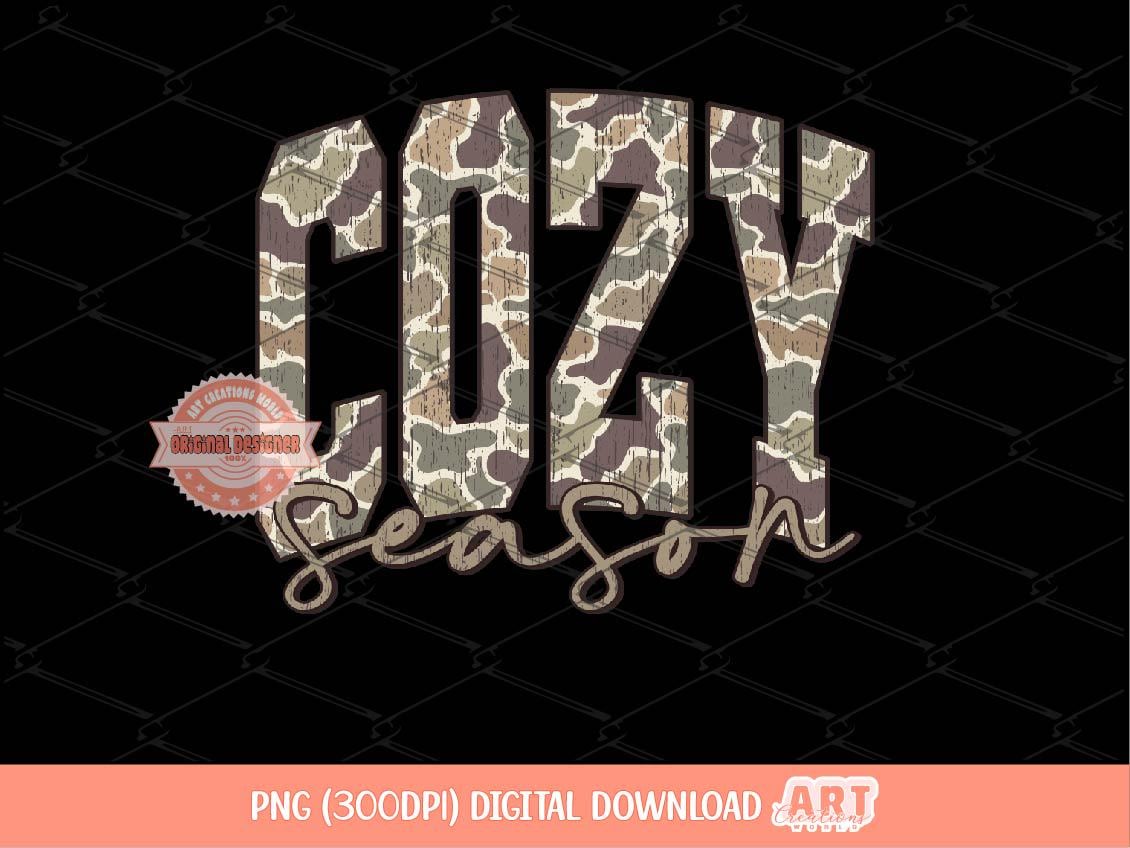 Cozy Season Grunge Camo PNG, Arched Distressed Varsity Retro Old School Camouflage Sublimation Fall Shirt Design Digital Download