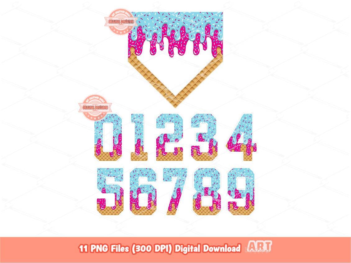 Pink Blue Drip Numbers Home Plate PNG Bundle, Drippy Sprinkles Trendy Ice Cream Sports numbers 0-9 Clipart Baseball Waffle Digital Download