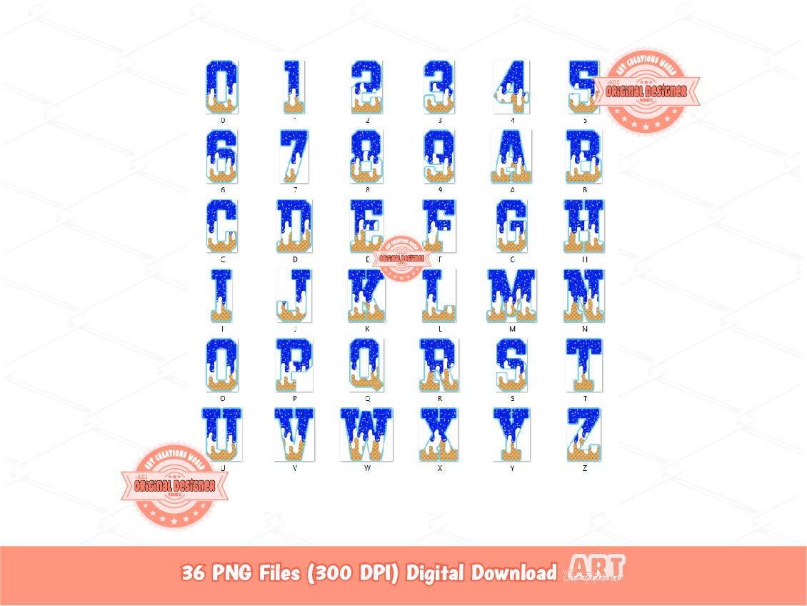 Drippy Varsity Alphabet PNG: Royal Blue White Letters & Numbers Clipart (Digital Download)