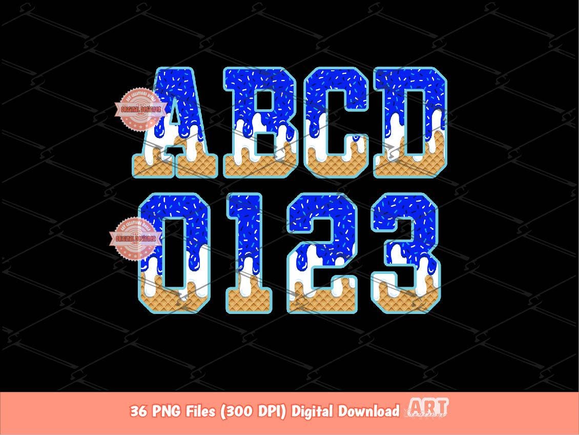 Drippy Varsity Alphabet PNG: Royal Blue White Letters & Numbers Clipart (Digital Download)