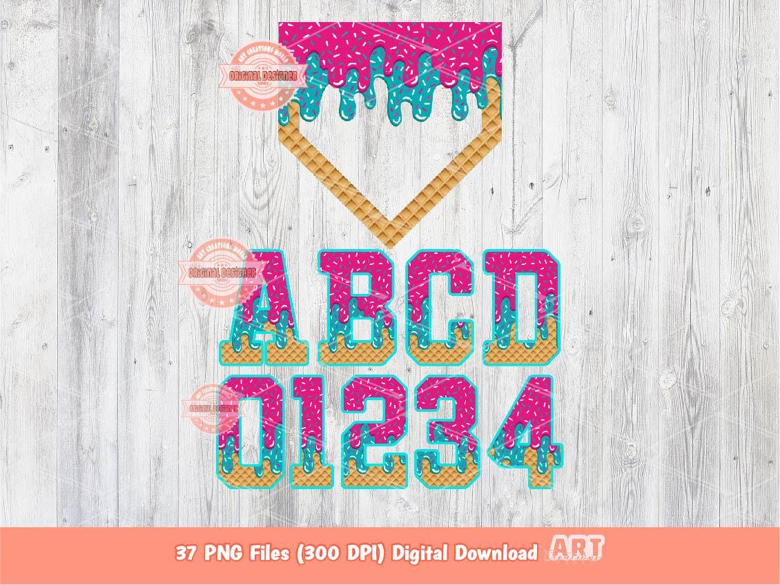 Pink Teal Drip Alphabet PNG Bundle: Ice Cream Sports Letters & Numbers Clipart (Digital Download)