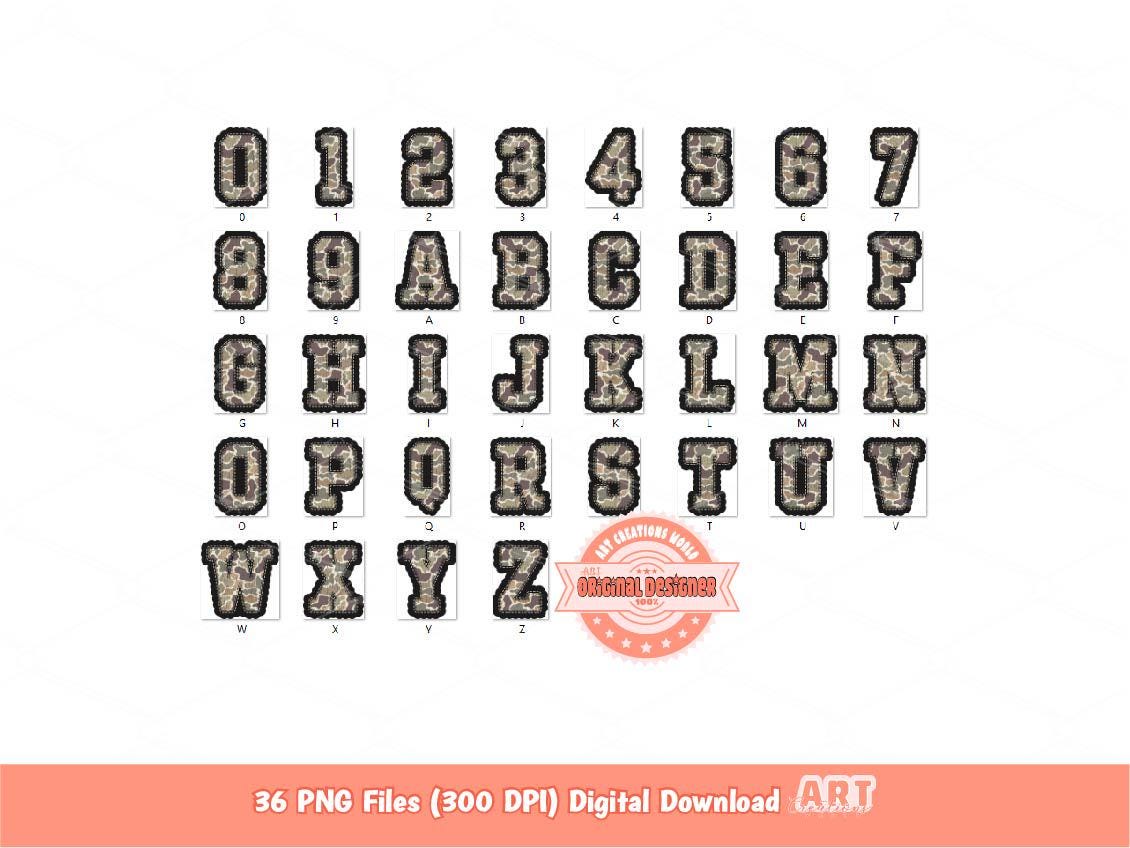 Grunge Camo Alphabet PNG: Stitched Military Letters & Numbers Clipart (Digital Download)