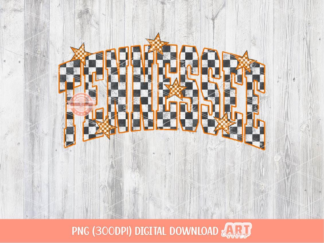 Tennessee Grunge Checkered PNG, Retro Orange Stars Varsity TN Sublimation Shirt Design (Digital Download)