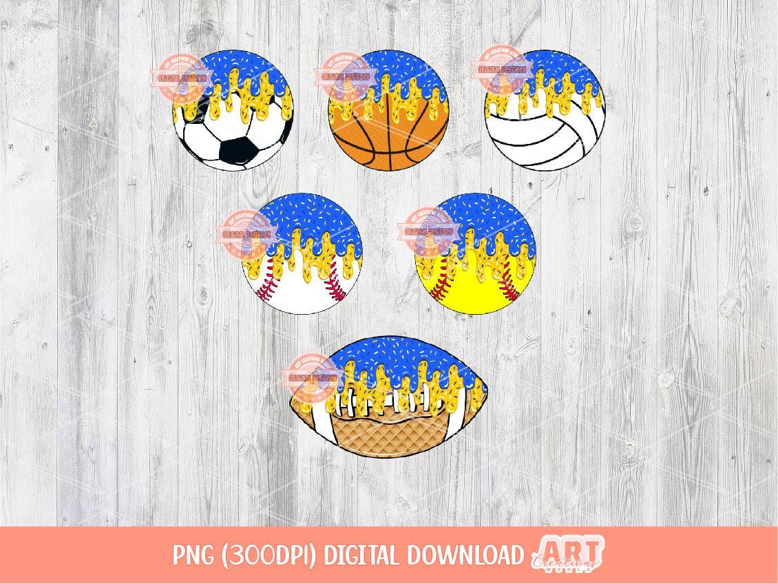 Blue Gold Drip Sports Balls PNG Bundle: Baseball, Softball, Soccer, Basketball, Volleyball and Football Clipart (Digital Download)