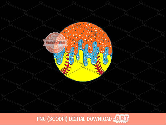 Orange Light Blue Drip Softball PNG: Dripping Ice Cream Ball Clipart shirt Design (Digital Download)
