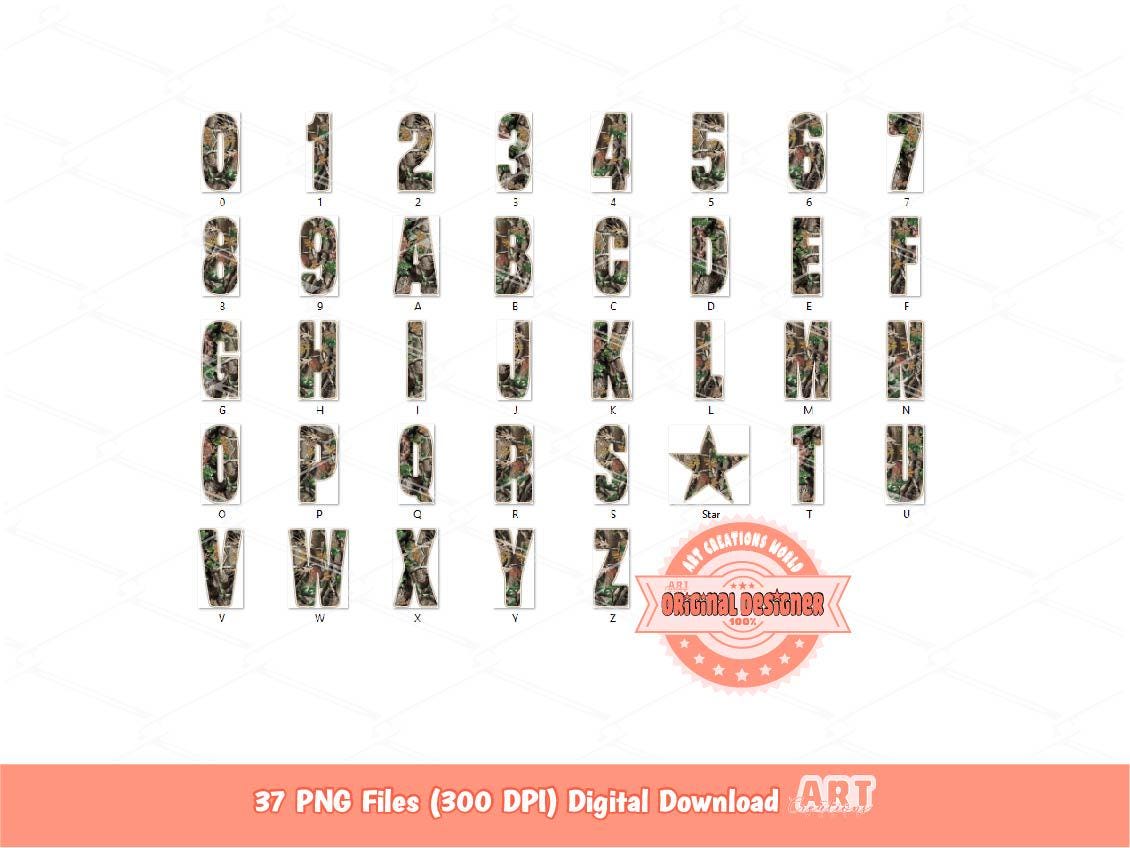 Forest Camo Alphabet PNG: Hunting Army Letters & Numbers Clipart (Digital Download)