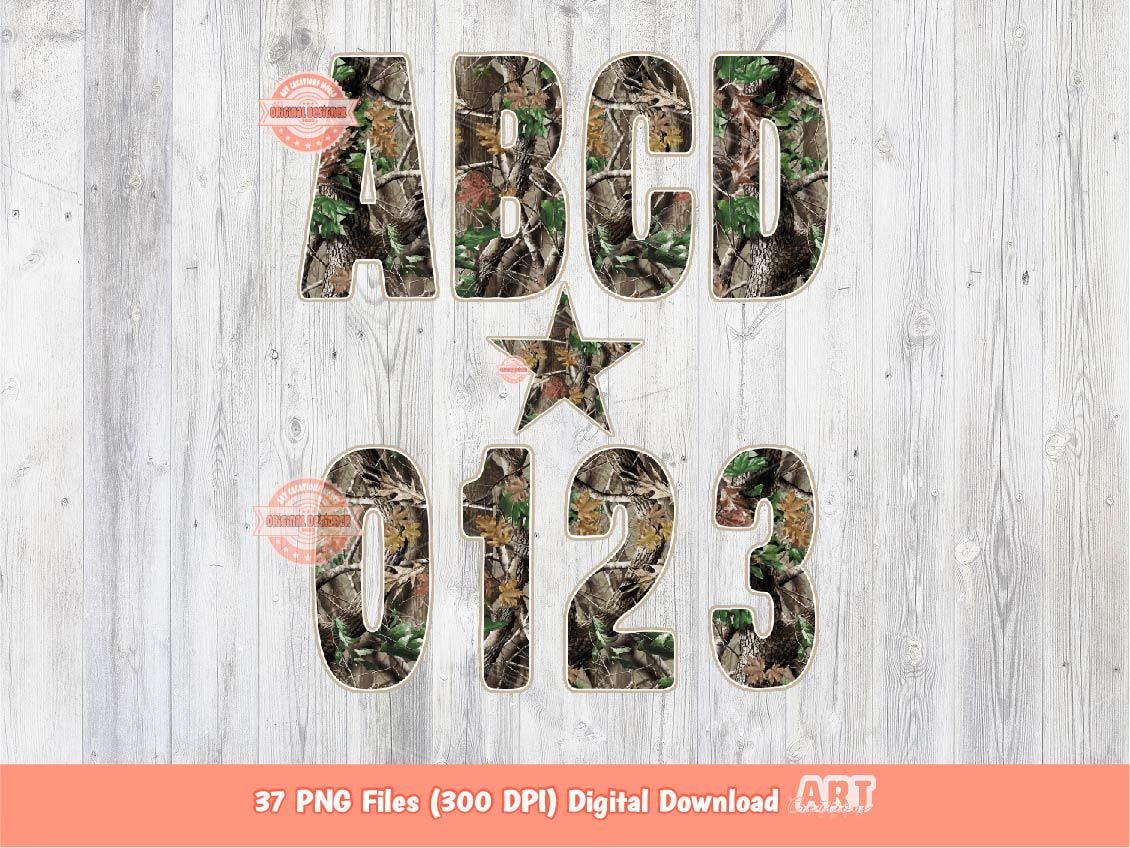 Forest Camo Alphabet PNG: Hunting Army Letters & Numbers Clipart (Digital Download)