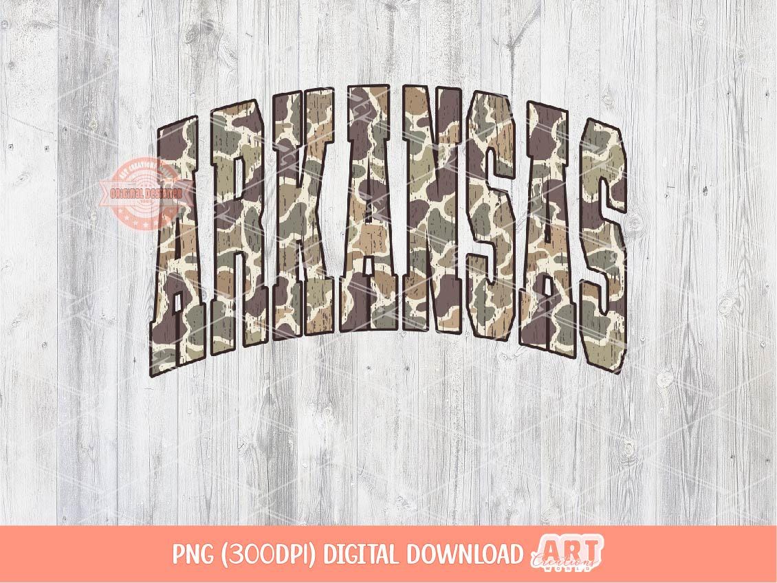 Arkansas Grunge Camo PNG, Arched Distressed Varsity Retro Old School Camouflage Sublimation Shirt Design Digital Download