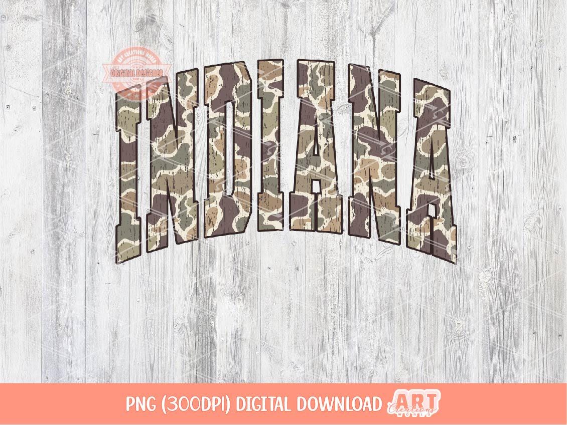 Indiana Grunge Camo PNG, Arched Distressed Varsity Retro Old School Camouflage Sublimation Trendy Shirt Design Digital Download
