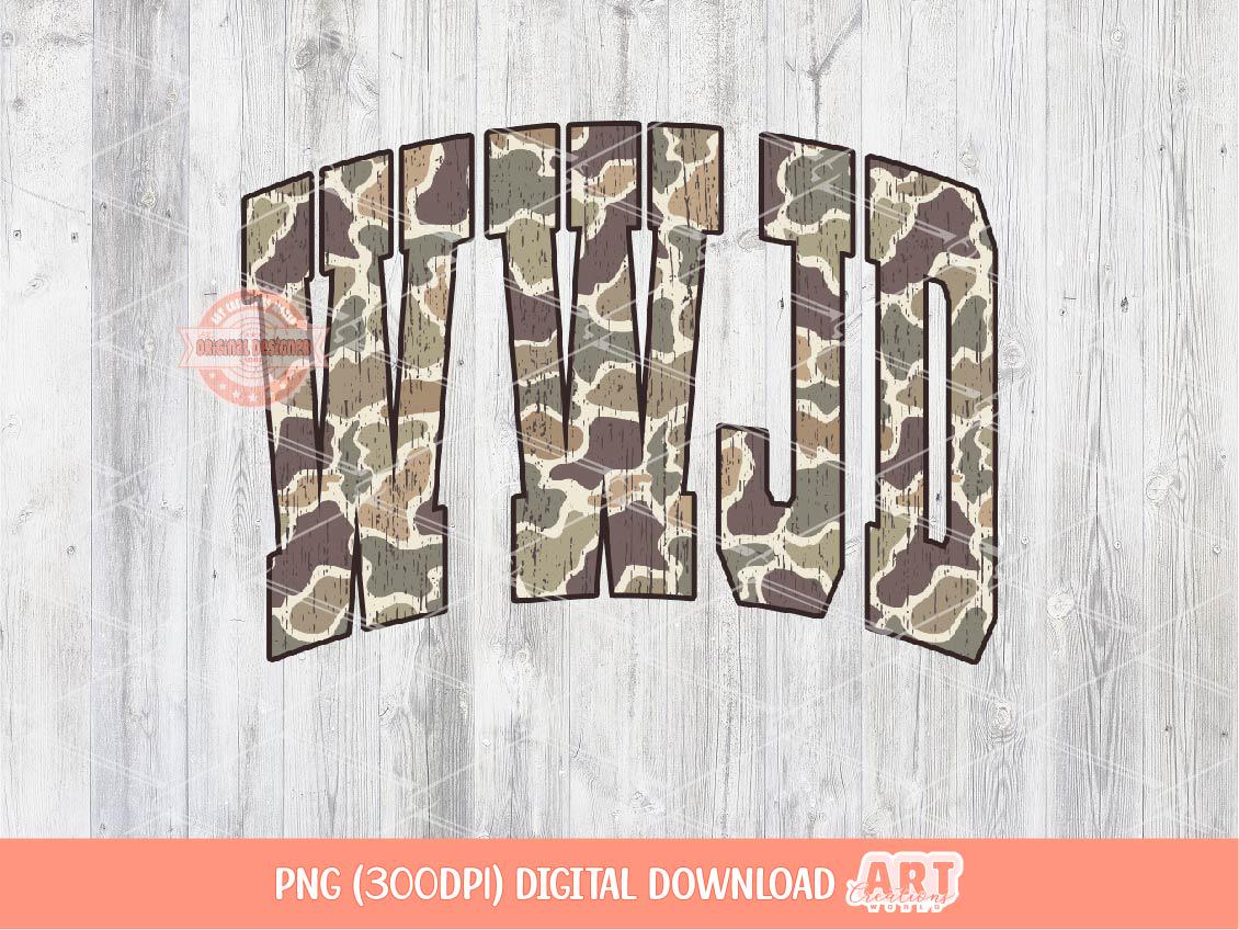 WWJD Grunge Camo PNG, Arched Distressed Varsity Retro Old School Camouflage Sublimation Trendy Shirt Design Digital Download