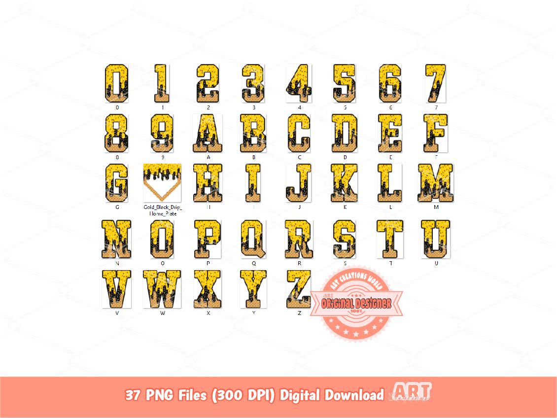 Drippy Sports Alphabet PNG Bundle: Gold & Black Ice Cream Letters, numbers Clipart  (Digital Download)