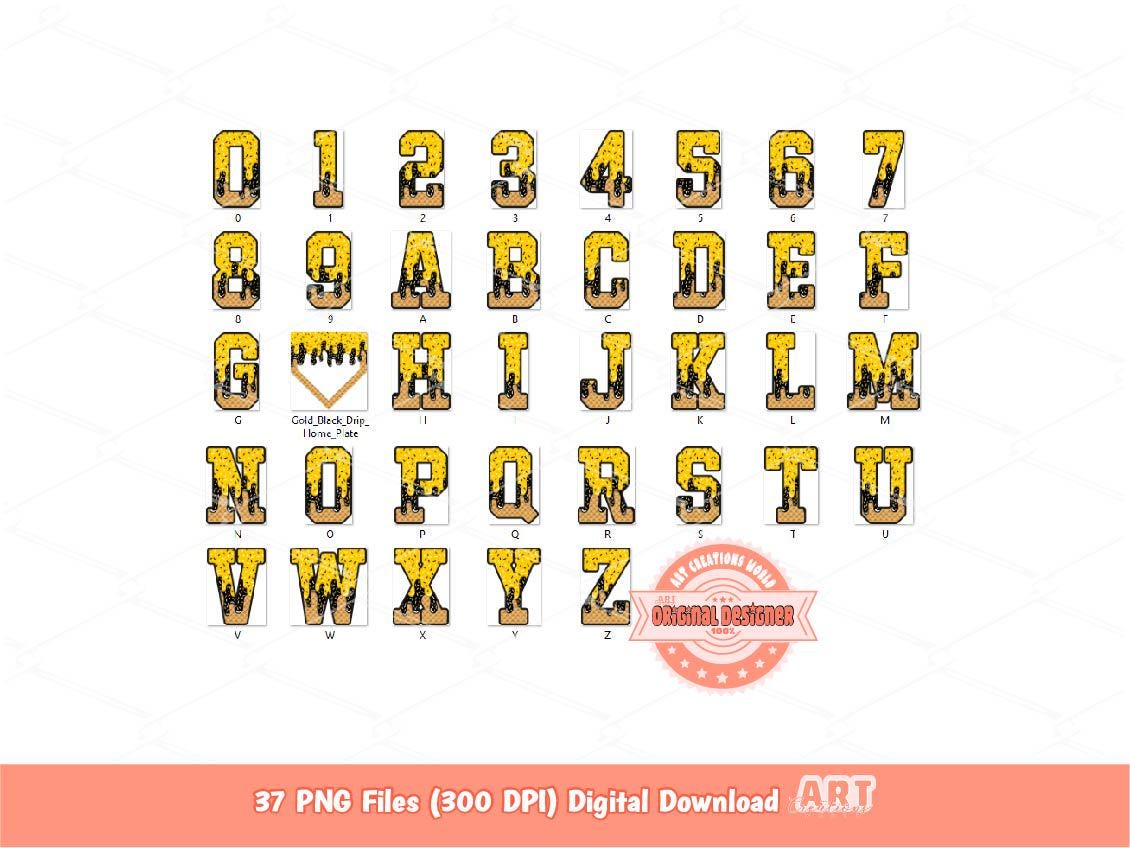 Drippy Sports Alphabet PNG Bundle, Drip Gold & Black Ice Cream Baseball Letters, numbers Clipart