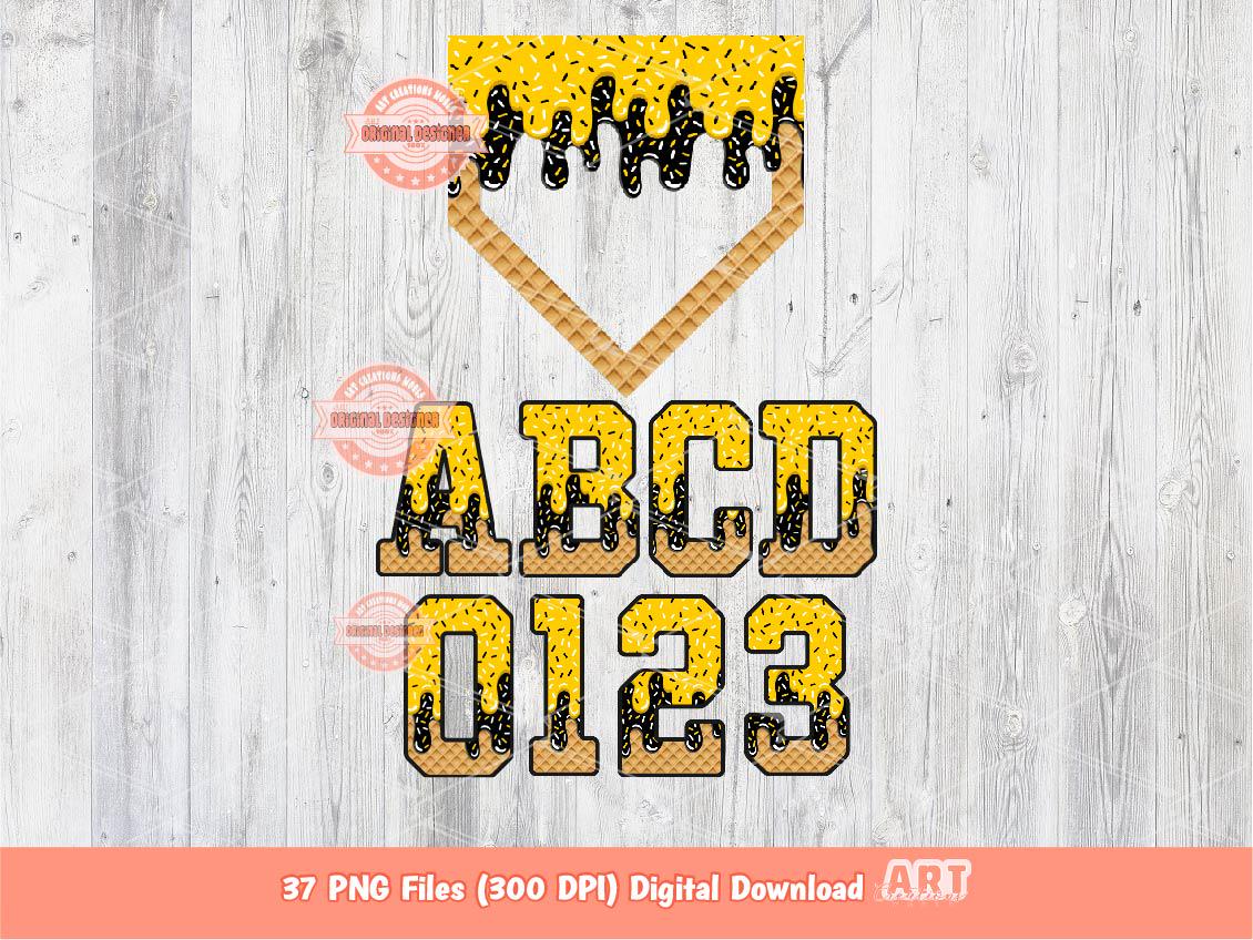 Drippy Sports Alphabet PNG Bundle: Yellow Gold & Black Ice Cream Baseball Home Plate, Letters and Numbers Clipart (Digital Download)