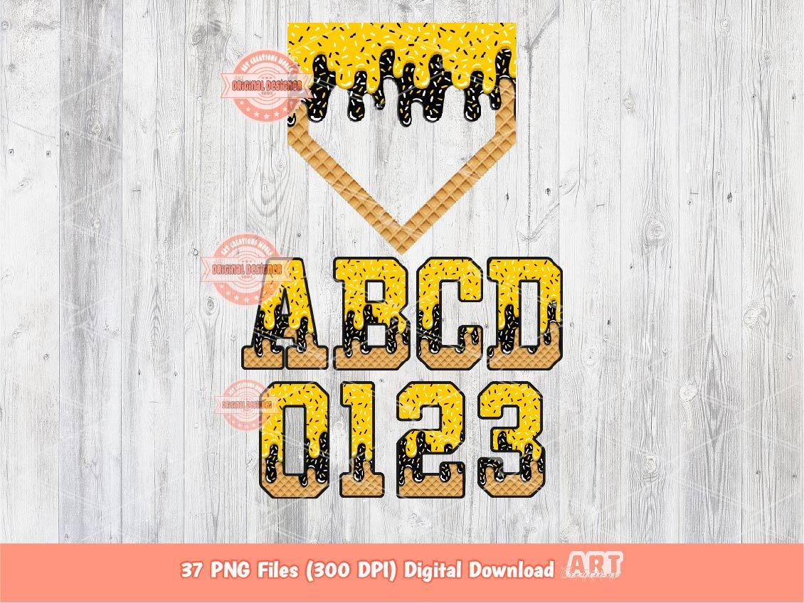 Drippy Sports Alphabet PNG Bundle, Drip Gold & Black Ice Cream Baseball Letters, numbers Clipart