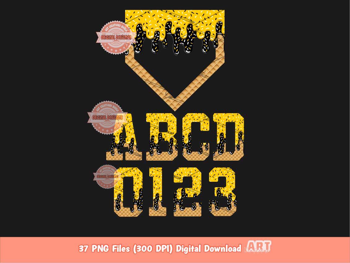 Drippy Sports Alphabet PNG Bundle, Drip Gold & Black Ice Cream Baseball Letters, numbers Clipart