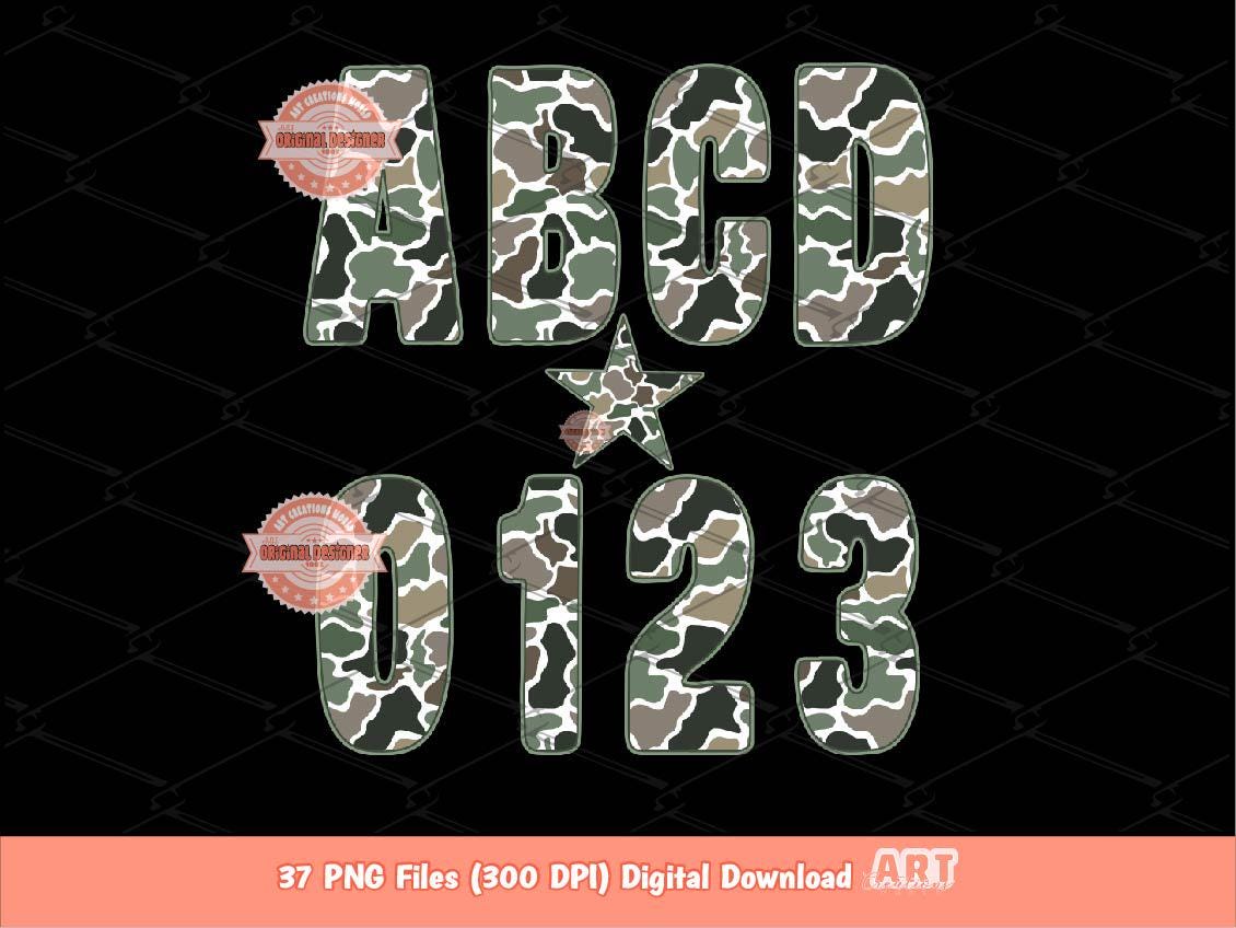 Camo Alphabet PNG: Hunting Army Letters & Numbers Clipart (Digital Download)