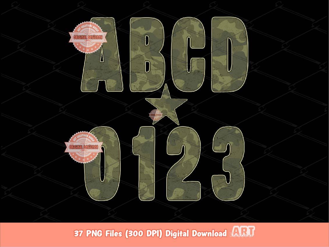 Retro Camo Alphabet PNG: Hunting Army Letters & Numbers Clipart (Digital Download)