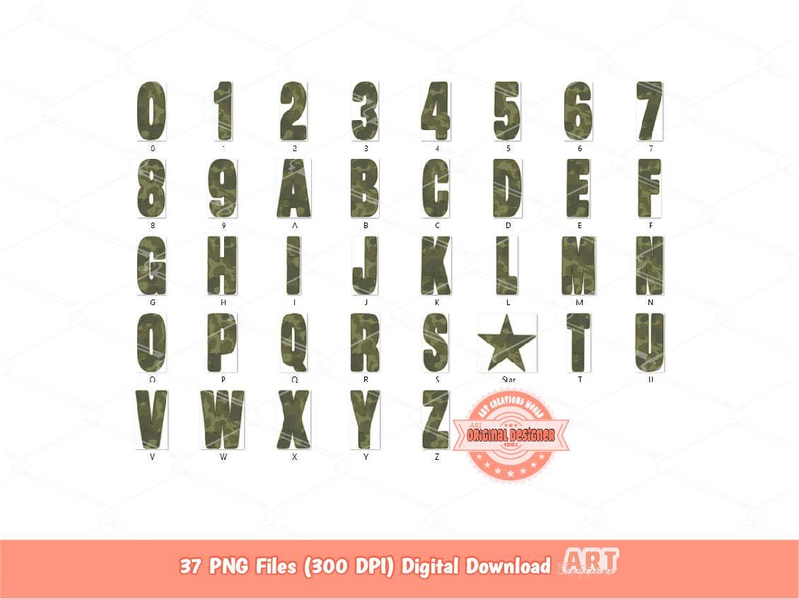 Retro Camo Alphabet PNG: Hunting Army Letters & Numbers Clipart (Digital Download)