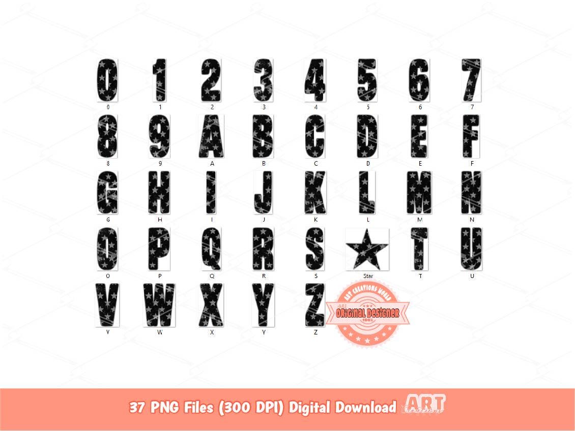 Checkered Star Alphabet PNG, Grunge Checker Letters & Numbers Clipart (Digital Download)