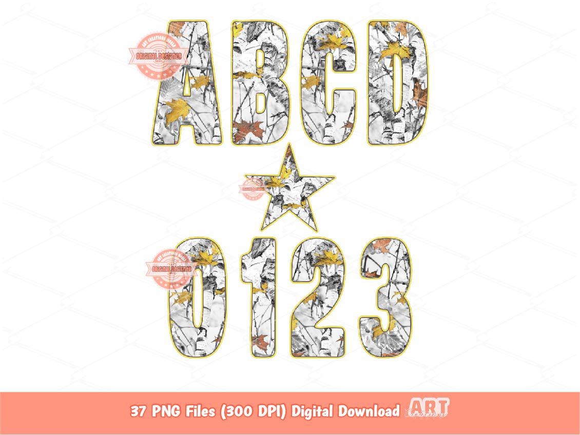Winter Forest Camo Alpha PNG, Gray Yellow Hunting Army Letters & Numbers Clipart (Digital Download)