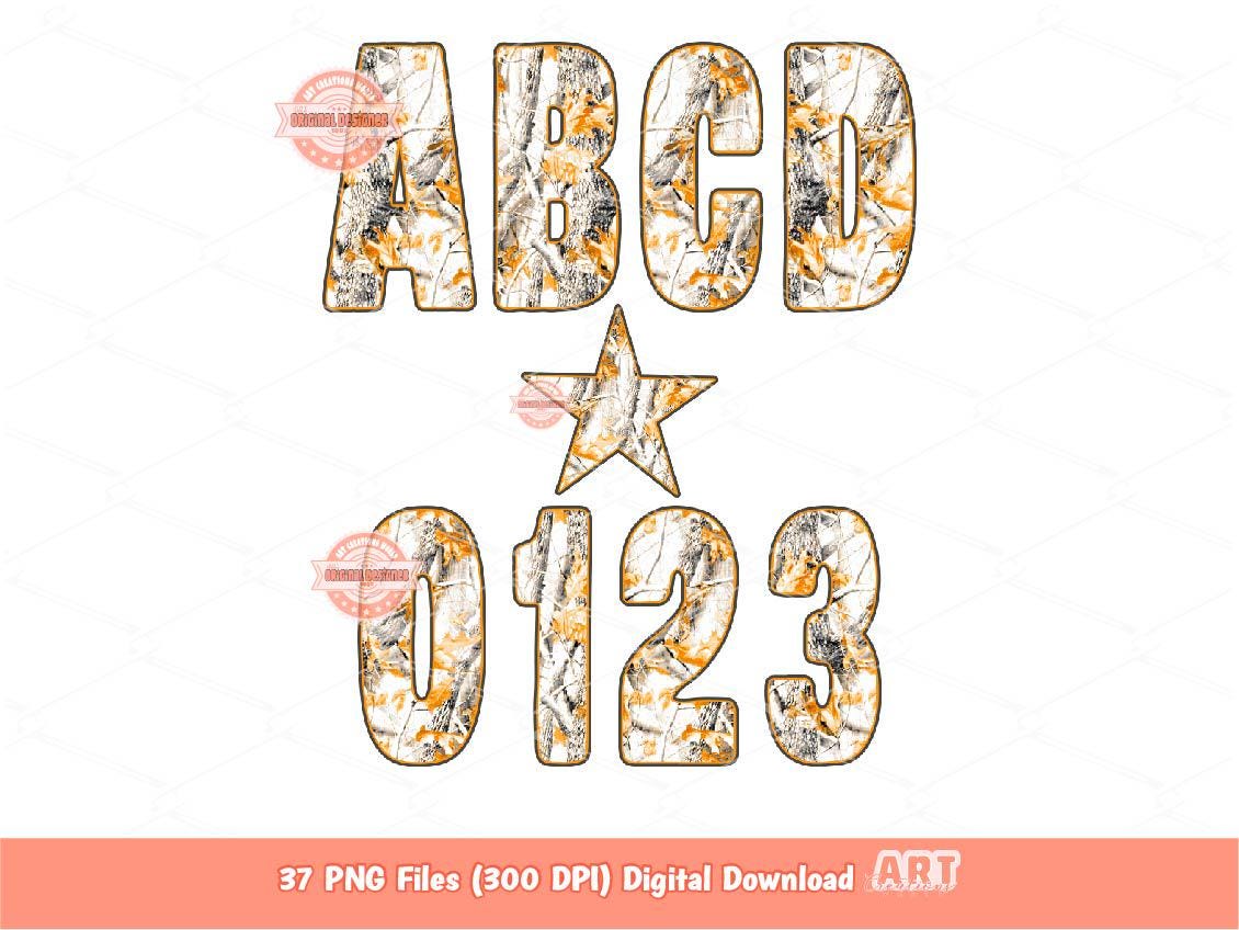 Fall Forest Camo Alphabet PNG: Gray Orange Hunting Army Letters & Numbers Clipart (Digital Download)